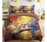 Générique Housse de Couette 200 x 200 cm Romantique Oiseaux Et Fleurs avec 2 Taies d'oreiller - Parure de Lit Conte De Fées Fleurs Cosy Moineau en Microfibre - avec Fermeture Éclair, Rouge