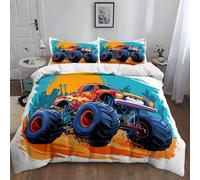 Générique Housse de Couette 220x240 cm avec 2 x Taies d'oreiller 65x65 cm, Monster Truck De Style Dessin Animé Microfibre Literie Parure de Lit avec Fermeture Éclair pour 2 Personnes Adulte, Blanc