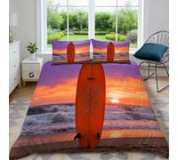 Générique Housse de Couette 220x240 Planche de Surf Plage Parure de Lit Imprimée Microfibre, Sunset Beach Impression Sets de Housses de Couettes 3D 2 Personnes avec 2 taies d'oreiller 65x65 cm