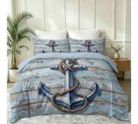Générique Housse de Couette 240 x 220 cm, Côtier Imprimé Parure de Lit 1 Personne pour Garçon Fille, Bleu Clair Ensemble de Literie Crochet De Bateau en Planche De Bois Vintage, avec Fermeture Éclair