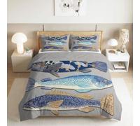 Générique Housse de Couette 240 x 260 cm en Microfibre Ultra Douce, Animaux Poissons Minimaliste Parure de Lit Adulte 2 Personnes avec Fermeture Éclair + 2 Taies d’Oreiller, Gris