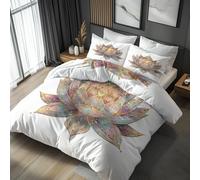 Générique Housse de Couette 240 x 260, Motif Lotus Zen, 2 Taies d'oreillers 65x65, Parure de Lit Reversible Zen Asiatique, 2 Personnes, Linge de Lit Microfibre avec Zippée -q831