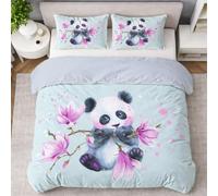 Générique Housse de Couette 260 x 240 cm Mignon Panda avec 2 Taies d'oreiller - Parure de Lit Animal Panda Magnolia Floral en Microfibre - avec Fermeture Éclair, Bleu Clair