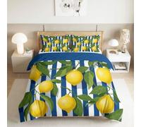 Générique Housse de Couette 90 x 190 cm Plante Citron Feuille Rayures Imprimé Parure de lit 2 Pièces Confortable Doux Microfibre avec Fermeture Éclair Literie et 1 Taie d'oreiller, Jaune Vert