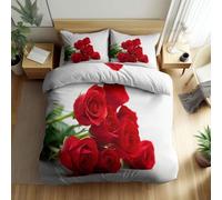 Générique Housse de Couette 90 x 200 cm avec Taies d'oreiller Plante Rose Rouge 2 Pièces, Blanc Imprimé Ado Adultes Parure de Lit Housse Couette en Microfibre