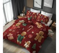 Générique Housse de Couette Noël Pain d'épice 160x200, Parure de Lit Motif Noël Rouge 2 Personnes - Decoration - 2 Taies d'oreiller 65x65, Fermeture Éclair, Microfibre - PKA14907