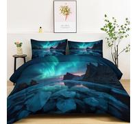 Générique Hyperréalisme Couette Réversible 160 x 200 cm Aurores Boréales Falaises Rochers Couettes Imprimée 4 Saisons, Bleu Couette Matelassée pour 2 Personnes, Réversible Couettes sans Housse