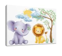 Générique Impression Sur Toile 40 x 30 cm Blanc Cartoon Tableau Decoration Murale, Animal Éléphant Lion Arbre pour Salon, Chambre, Bureau, Entrée