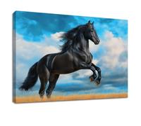 Générique Impression Sur Toile 90 x 60 cm Bleu Animal Tableau Decoration Murale, Cheval Noir Prairie Champ pour Salon, Chambre, Bureau, Entrée