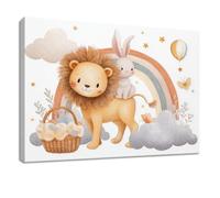 Générique Impression Sur Toile Dessin Animé Affiche Peinture, Tableau Decoration Murale avec Blanc Animal Lion Lapin Arc en Ciel, pour Chambre, Salon, Cuisine Intérieure Décor 70 x 50 cm