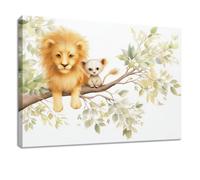 Générique Impression Sur Toile Dessin Animé Affiche Peinture, Tableau Decoration Murale avec Blanc Animal Lion Branche Feuille, pour Chambre, Salon, Cuisine Intérieure Décor 90 x 60 cm