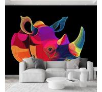 Générique Imprimé Animal Papier Peint Panoramique 350L x 256H cm, Abstrait Néon Rhinocéros Papier Peint Intissé Mural Art - Noir Poster Photo Fresque Mural Décoratif pour Salle à Manger Salon Chambre