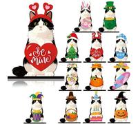 Générique Interchangeable Seasonal Animal Wooden Decor Set (Cat) | DIY Animal Tabletop Sign with Magnetic Interchangeables! Multi-Layer Tray Decor for Home & Office, Perfect Birthday