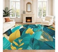 Générique Intérieur Tapis 120 x 160 cm De Salon, Tropical Plante Branches Bleu Foncé Or Feuilles Larges Plante Soft Antidérapant Doux Flanelle Tapis De Sol pour Chambre, Décoration De Maison