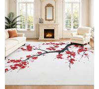 Générique Intérieur Tapis 140 x 200 cm De Salon, Asie de l'est Fleurs Branches Noir Rouge Gris Clair Plante Naturel Soft Antidérapant Doux Flanelle Tapis De Sol pour Chambre, Décoration De Maison
