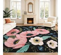 Générique Intérieur Tapis 140 x 200 cm De Salon, Romantique Floral Pavot Fleur Noir Rose Feuilles Élégant Floral Soft Antidérapant Doux Flanelle Tapis De Sol pour Chambre, Décoration De Maison