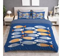 Générique Japonais Océan Housse de Couette 200 x 200 cm avec 2 Taies d'oreiller - Simple Poisson Raye Parure de Lit Réversible en Microfibre avec Fermeture Éclair, Bleu