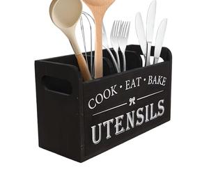 Générique Kitchen Counter Utensil Holder, Wooden Storage Box, 3-Compartment Organizer Design, Rustic Cooking Tools Container, Ideal for Forks, Chopsticks, Spoons, Tabletop or Countertop Use