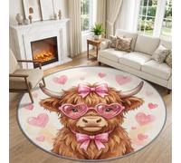 Générique Lavable Dessin Animé Rustique Animaux Tapis Rond Salon 80 cm | Bétail Des Highlands Cœur Lunettes De Soleil Tapis Antidérapant doux pour Chambre Cuisine Balcon Terrasse Salle à Manger