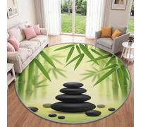 Générique Lavable Oriental Nature Plantes Tapis Rond Salon Chambre 60 cm | Noir Cailloux Feuilles De Bambou Tapis Antidérapant doux pour Chambre Cuisine Balcon Terrasse Salle à Manger Décoration