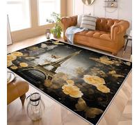 Générique Lavables Tapis de Salon Luxe Fleurs Papillons Tour Eiffel, 160x230 cm Entretien Facile Intérieur Moquette - Or Grande Tapis Poils Ras Antidérapant pour Chambre d'enfant et Adulte