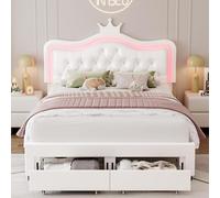 Générique Lit 2 Place Enfant Fille 140 x 200 cm avec Lampes LED,Lit Couronne Fille avec Tête de Lits réglable en Hauteur et 2 tiroirs, PU lit Simple pour en Cuir,Blancs (Matelas Non Inclus)