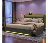 Générique Lit avec Rangement 160x200, Cadre de Lit avec LED et USB, Lits Double avec sommier à Lattes et 4 Tiroirs, Lits rembourré pour Adultes et Adolescents, Gris, Lin, sans Matelas