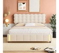 Générique Lit Coffre 140x190 avec LED & Système Hydraulique, Cadre de Lit avec Rangement Spacieux & Sommier à Lattes, Beige Velours Lits Capitonné pour Adultes et Adolescents, sans Matelas