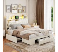 Générique Lit Coffre 140x190 avec sommier et Tiroir, Tête de lit rembourrée avec Rangement et éclairage LED,USB et Type-C,Convient pour 2 Personnes, Velours, Beige