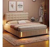 Générique Lit Coffre 160x200 avec Lumière LED à capteur Automatique,Lits Capitonné avec Rangement,Lit Double avec Fonction hydraulique,pour Adulte,Velours,Beige