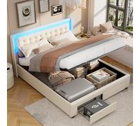 Générique Lit Coffre 180x200 cm, Lit Double rembourré avec éclairage LED, Cadre de lit 2 Personnes avec 2 tiroirs et Espace de Rangement, pour Adultes et Adolescents, Velours Beige
