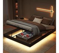 Générique Lit Coffre Capitonné 160x200 cm avec Rangement, Lit 2 Personnes avec Levier Hydraulique et Lumière LED, Lits Double avec Sommier à Lattes, Floating Bed Frame,Noir