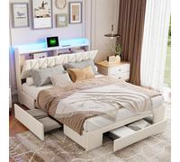Générique Lit Double 160x200 avec LED et USB,Type-C, Lit Capitonné avec Sommier et 3 Rangement Tiroirs, 2 Personnes pour Adultes, Adolescents, Velours,Beige