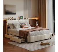 Générique Lit Double 160x200 avec Sommier, 4 Tiroirs de Rangement et Recharge USB, Lit 2 Personnes avec Sommier à Lattes en Bois et Tête de Lits Capitonnée, Lits rembourré avec Type-C,PU,Blanc