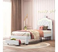 Générique Lit Enfant Rembourré 90x200 cm avec LED,Lit Princesse Couronne,Lit Simple 90x200 avec Grand tiroir au Pied du lit et Sommier à Lattes,PU, Blanc