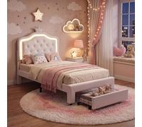 Générique Lit Fille avec Lampes LED,Lit Enfant avec Tête de Lits réglable en Hauteur et 1 tiroirs,PU lit Simple pour Fille en Cuir avec Couronne,Blancs (Matelas Non Inclus) (Blanc, 90_x_200_cm)
