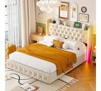 Générique lit LED 140x200cm avec Sommier, système hydraulique et Multiprise/à sommier à Lattes et tête de lit,Rembourré Cadre de lit, Convient aux Adolescents et aux Adultes (Beige, 140x200cm)