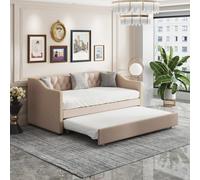 Générique Lit rembourré 90 x 200 cm, lit Simple rembourré 2 en 1 avec lit gigogne, pour Petits Appartements, Fonctionnement Flexible, avec sommier à Lattes en Bois, sans Matelas (Beige)