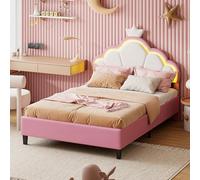 Générique Lit Simple Rembourré 90x190 cm avec LED, Lit Fille pour Enfant, lit d'Adolescent avec Tête de Bed Réglable en Hauteur Princesse Couronne et Sommier à Lattes, Velours, Rose