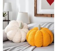 Générique Lot de 2 Decoration Automne Coussin Citrouille Peluche, Décoratif Coussin Oreiller Forme de Citrouille Deco Automne Interieur pour Canapé en Velours Teddy (Blanc + Jaune)