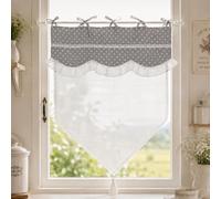 Générique Lot de 2 Rideaux Brise-Bise 45 x 60 cm - Rideaux Cuisine Campagne Chic - Coton à Pois Gris, Dentelle Blanche et Voilage Semi-Transparent - Attaches à Nouer - Naive Gris