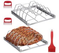 Générique Lot de 2 Supports Pliables pour côtes, Acier Inoxydable, pour Barbecue, Poulet, Steak et rôti, avec 1 Pinceau en Silicone et 2 effilocheurs de Viande, Accessoires pour la Plupart des Grils