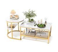 Générique Lot de 2 Tables Basses Gigognes Modernes avec Cadre en Métal Doré et Placage Marbre, Table Basse Salon Rectangulaire, Table d'Appoint Ronde pour Canapé et Chambre (Blanc+Doré)