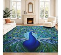 Générique Luxueux Animal Tapis Salon Chambre Tapis Enfants Tapis Paon Bleu Vert Or Plumes Animal Imprimé Doux Flanelle Tapis 120 x 160 cm - Doux Au Toucher Facile À Nettoyer