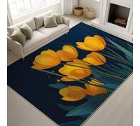 Générique Minimaliste Onirique Doux Tapiss Motif Floral Scène de Nuit Imprimé Tapis Tulipes Jaunes Feuilles Vertes Lavable Tapis de Antidérapant pour Salon Chambre, Bureau 120 x 180 cm