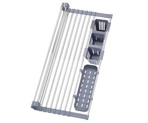 Générique MJO CK Égouttoir à Vaisselle INOX 304 - Compact & Extensible - Système de Drainage Automatique 360° - Support Couverts Amovible - Anti-Rouille & sans BPA - Idéal Petites Cuisines