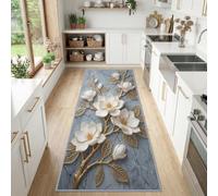 Générique Moderne Floral Marbre Tapis de Couloir Antiderapant | Fleur de Magnolia Dorure Craquelures Tapis Décoratif 60 x 240 cm pour Chambre Cuisine entrée et Maison Buanderie