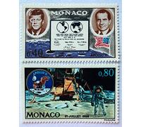 Générique Monaco. 2 Timbres de Collection Authentiques Neufs** de 1970. Nos 829 et 830. Homme sur la Lune, Espace, président Kennedy par des Livres Express