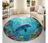 Générique Monde sous-Marin : Dauphins Rond Tapis 100 cm,Antidérapant Facile d’Entretien Tapis,Lavable en Machine Tapise pour Salle à Manger Bureau Chambre de bébé Salle de Jeux,Bleu