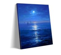 Générique Moonlit Sail Clair De Lune En Mer Tableau Toile Bleu - Peinture Canvas Côtière Pour Chambre Salon Décoration Murale Nautique Poster Océan (1,30x40cm Encadré)
